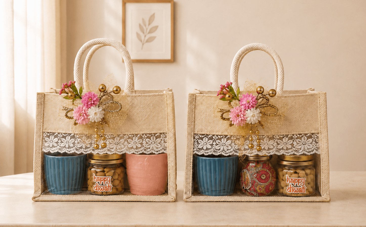 Decorated festive gift bags with pots and treats