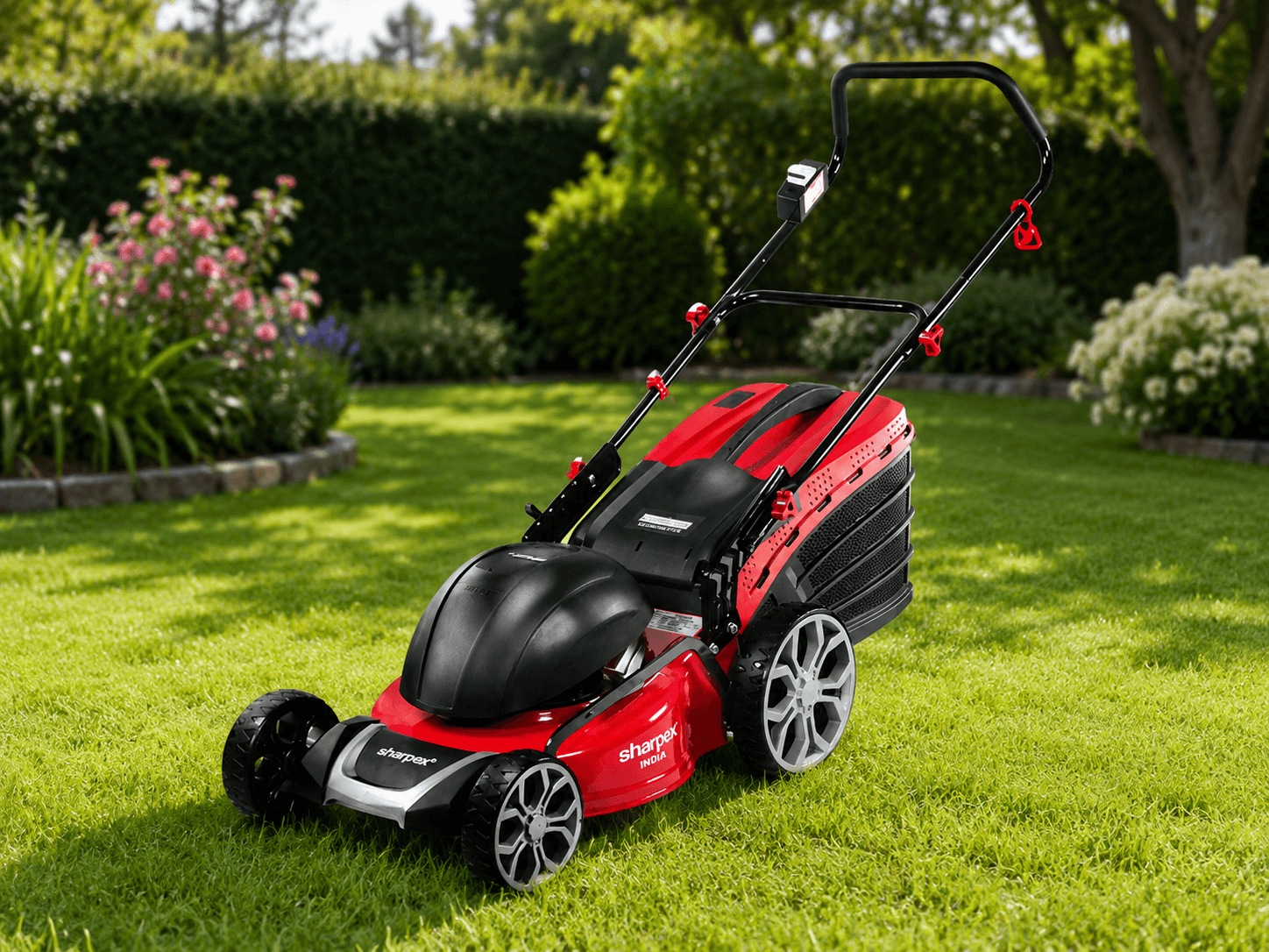 Sharpex electric lawn mower on a green lawn