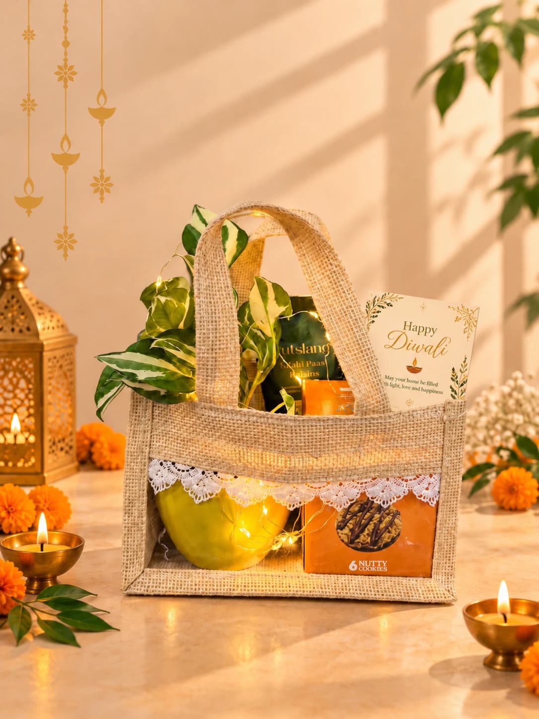 Jute gift bag with a plant in a yellow pot, packaged snacks, a Diwali card and string lights.