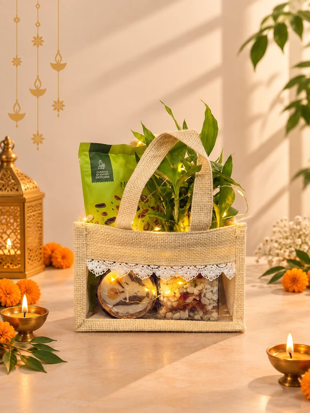 Jute gift bag with green foliage, a snack packet, a shell-shaped bowl and string lights.