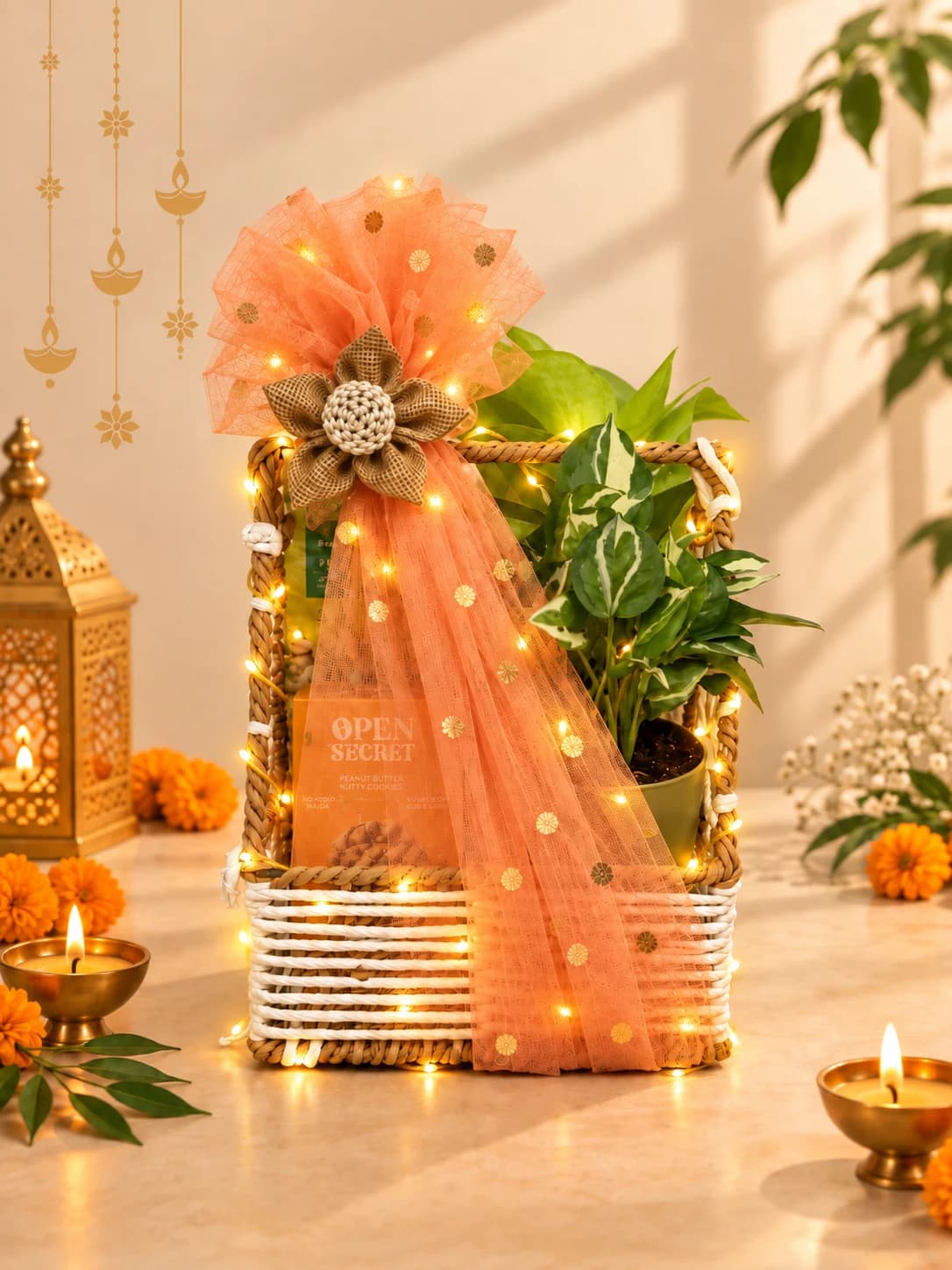 Tall woven gift basket with leafy plants and a cookie box, decorated with peach ribbon and string lights.