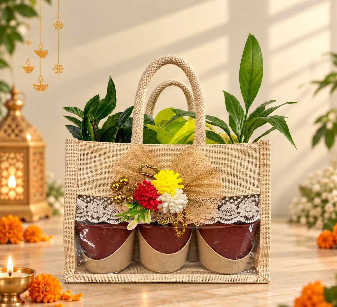 Jute gift bag holding three potted plants, decorated with white lace and colorful flowers.
