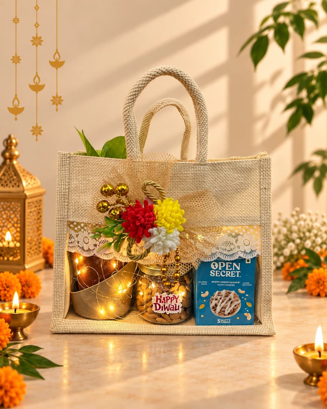 Jute gift bag with a potted plant, jar of almonds and cookie box, decorated with flowers and string lights.