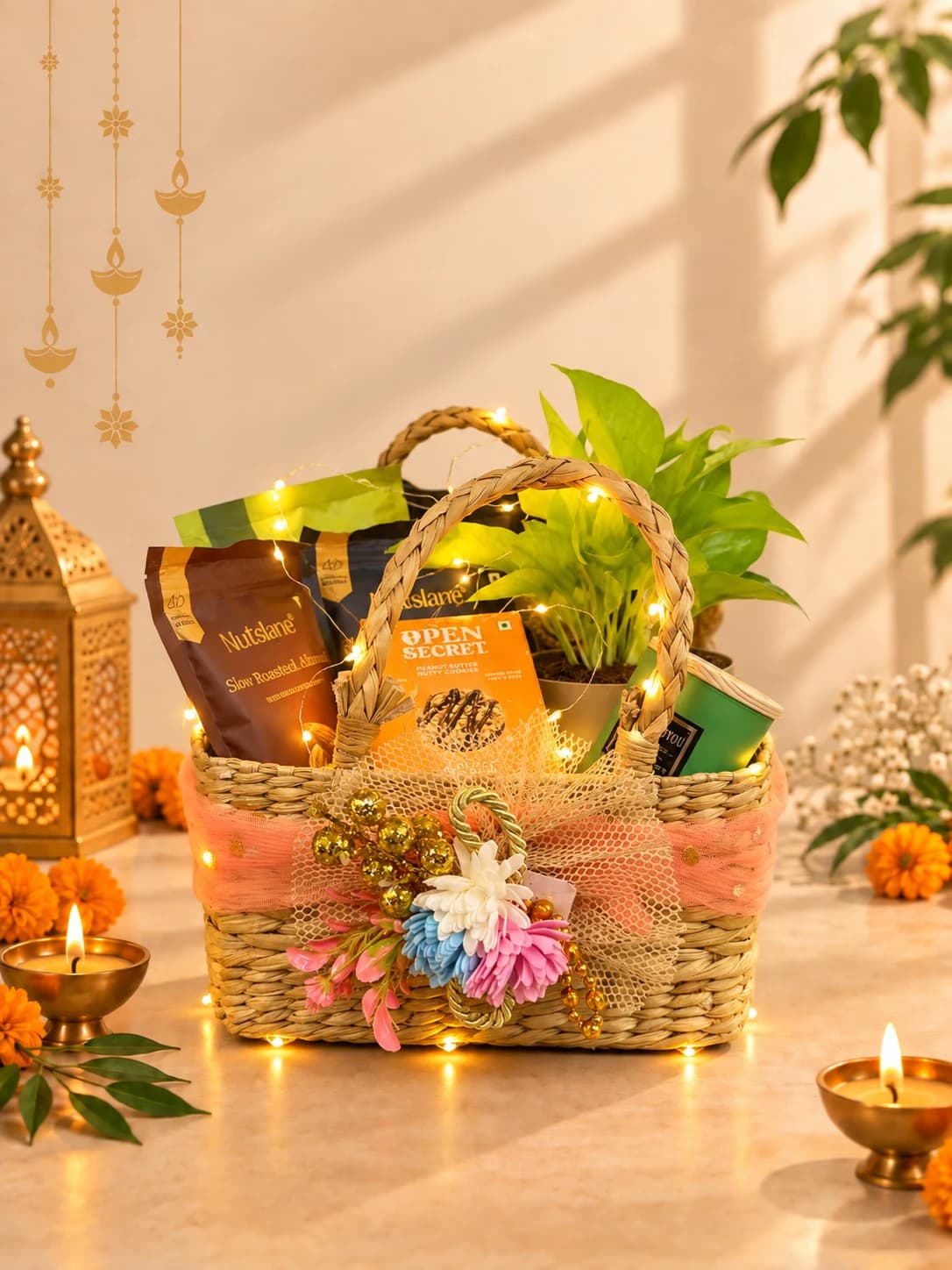 Woven gift basket with a leafy plant and packaged snacks, decorated with peach ribbon, flowers and string lights.