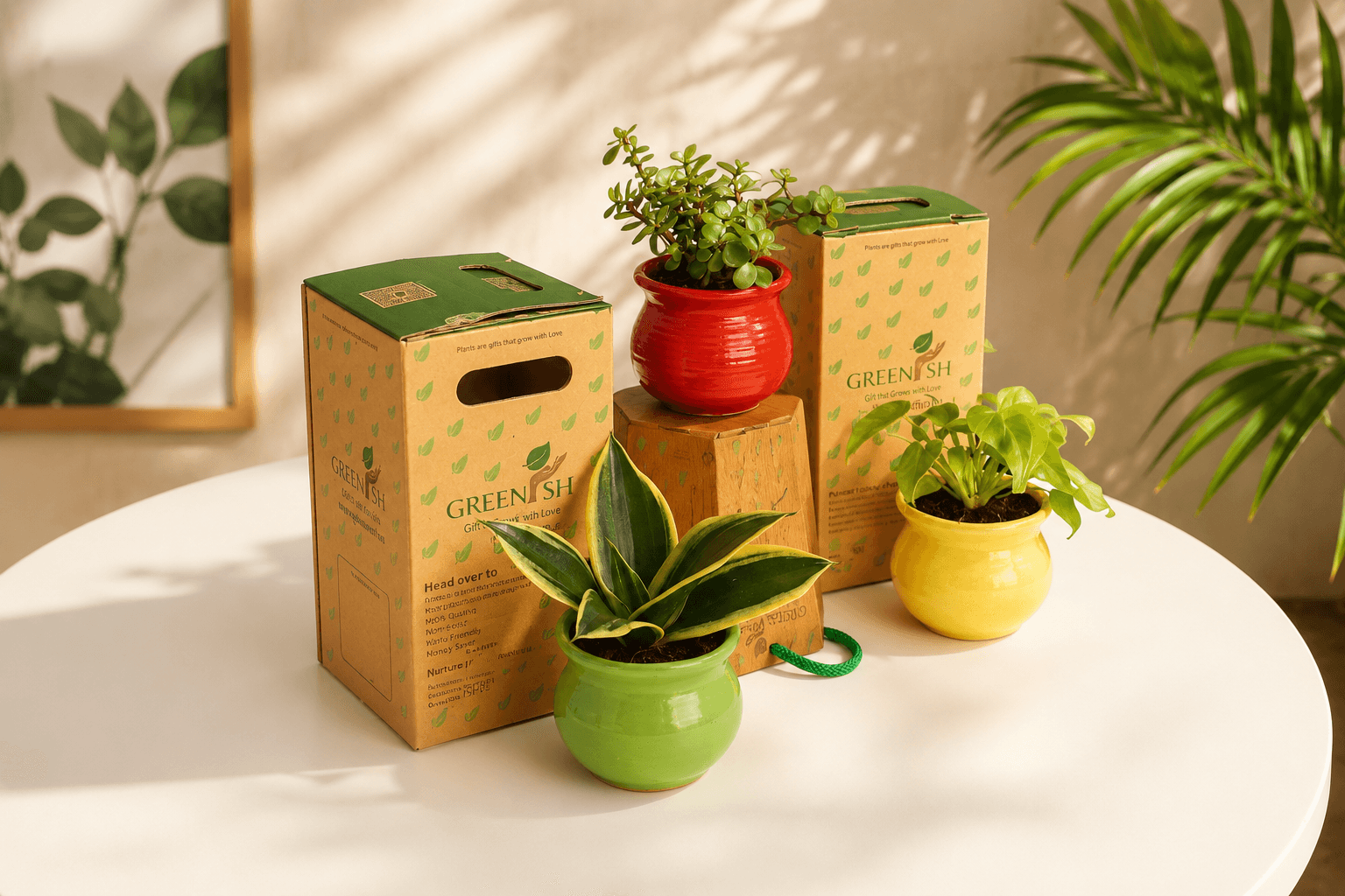 Colorful potted plants displayed with Greenish gift boxes on a sunlit table