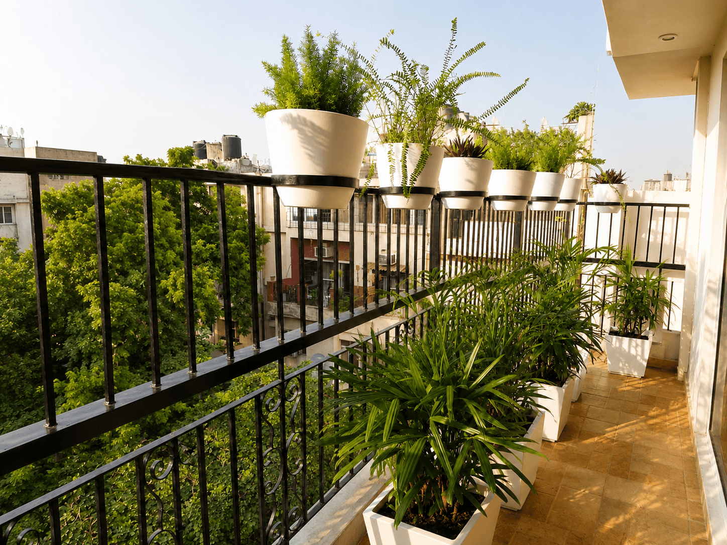 Balcony makeover with railing planters and space-efficient green arrangements