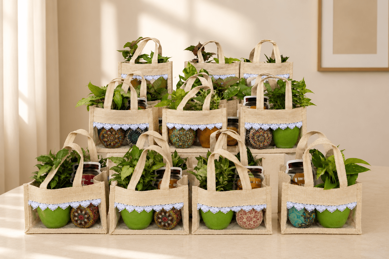 Greenish plant gift hampers arranged in reusable jute bags